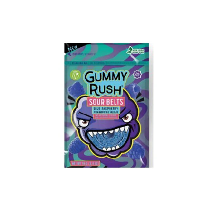 GUMMY RUSH BLUE RASPBERRY SOUR BELT BAGS 96G CASE 48PCS