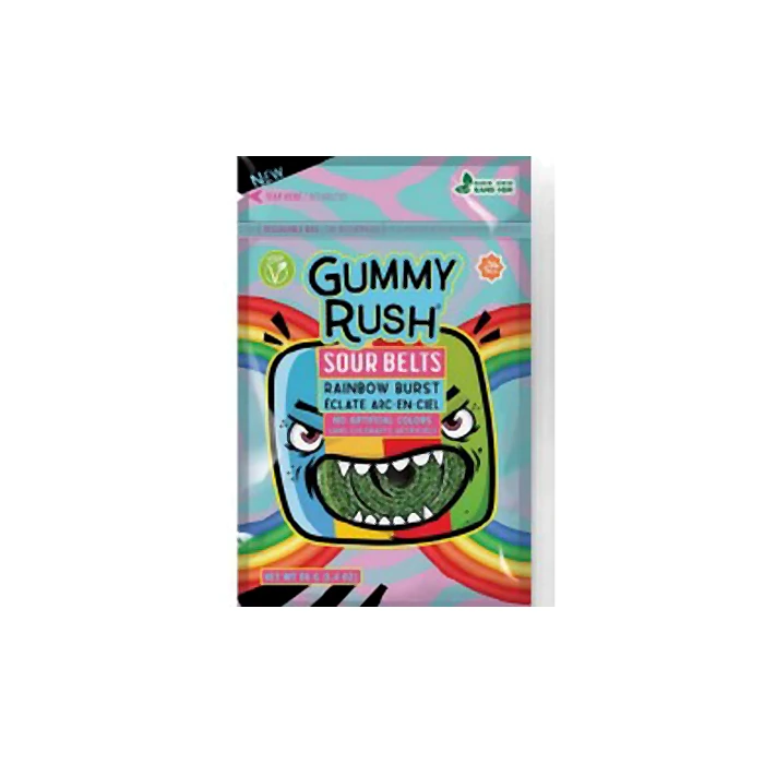 GUMMY RUSH RAINBOW BURST SOUR BELT BAGS 96G CASE 48PCS